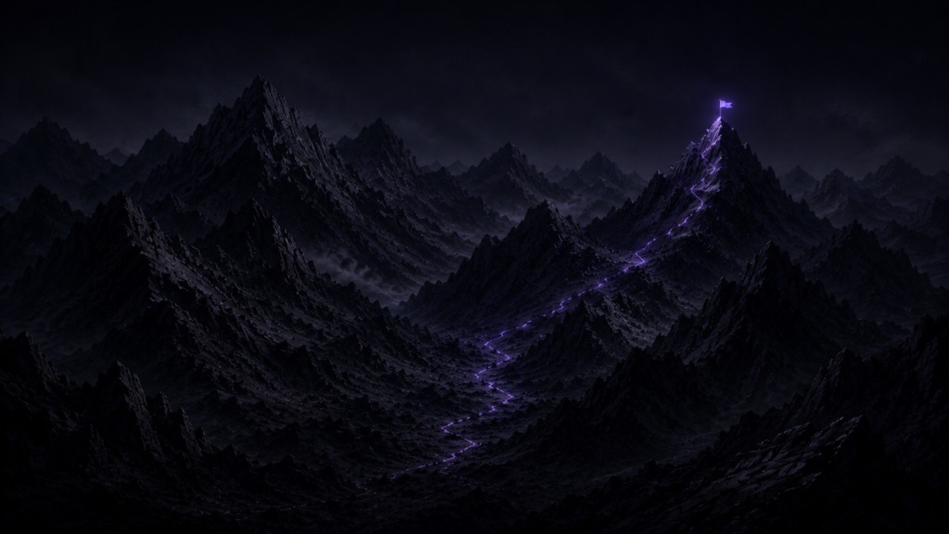 Mountain landscape with a glowing path leading to a flag at the summit